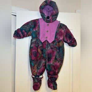 80s Floral Hooded Warm Kids Winter Vintage OnePiece Snowsuit with Hat&Gloves